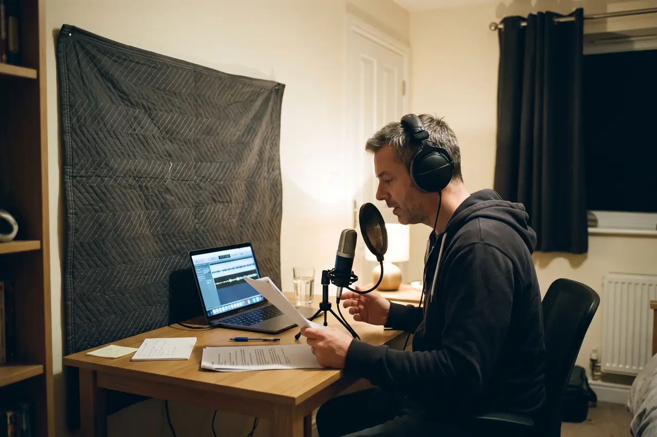 A man in headphones records at a desk in a spare room, a USB microphone with a pop filter in front of him and a blanket hung on the wall behind