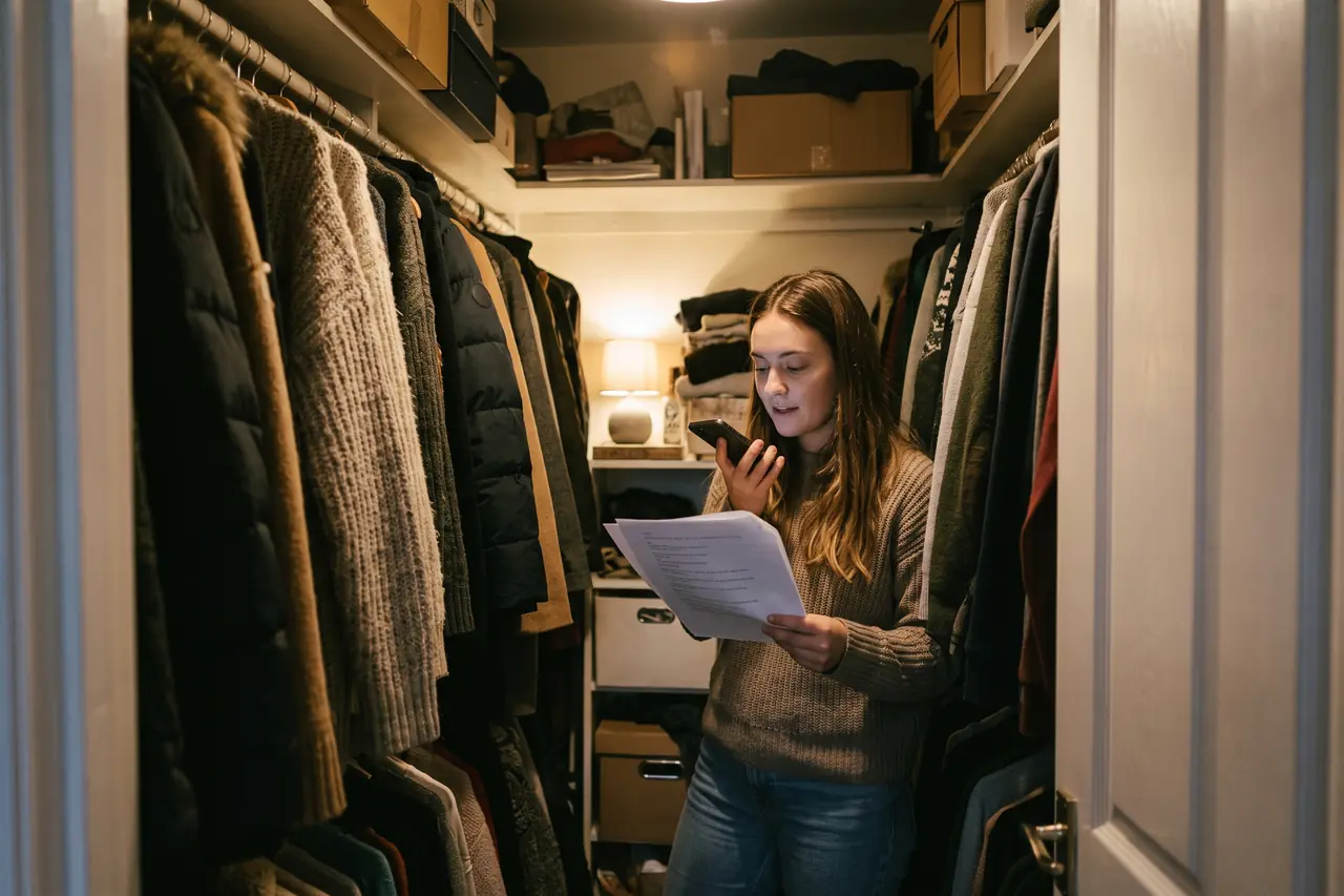 A young woman stands in a walk-in wardrobe between rows of coats, reading a script into her phone